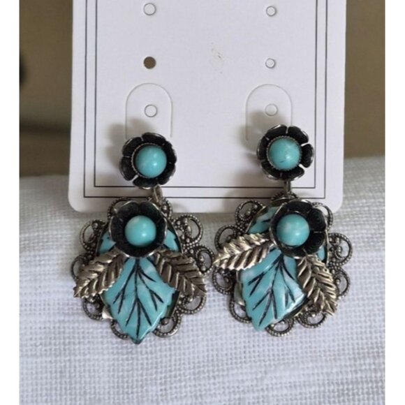 Jewelry - Vintage Screw Back Filigree Earrings Floral Turquoise Antique Silver Tone